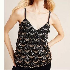 Anthropologie - Black Camisole Top with Gold Sequins Fringe